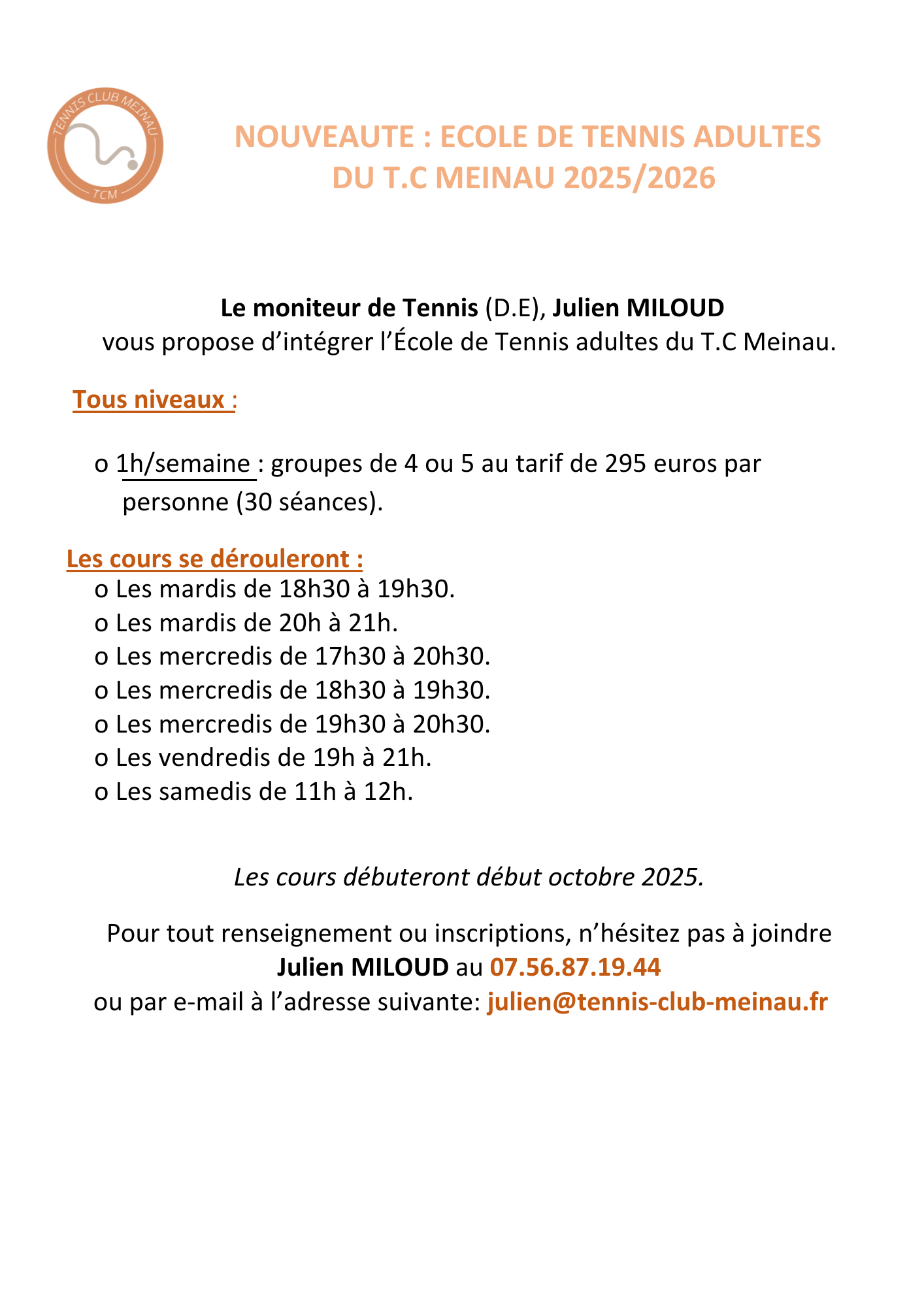 ECOLE DE TENNIS ADULTES 2025/2026