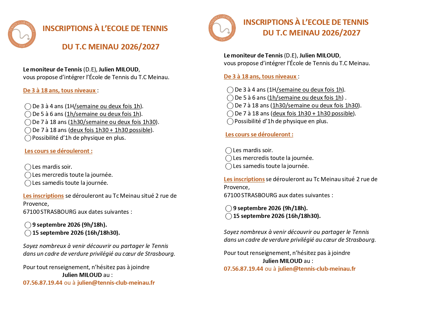 INFORMATIONS ÉCOLE DE TENNIS JEUNES 2026/2027