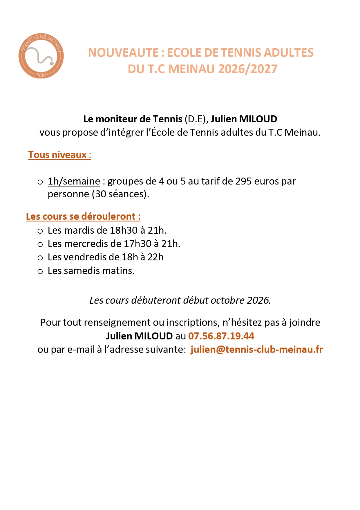 INFORMATIONS ÉCOLE DE TENNIS ADULTES 2026/2027