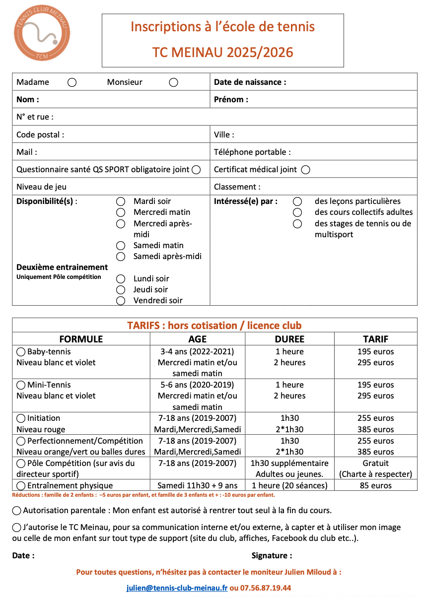 Inscriptions à l’école de tennis TC MEINAU 2025/2026