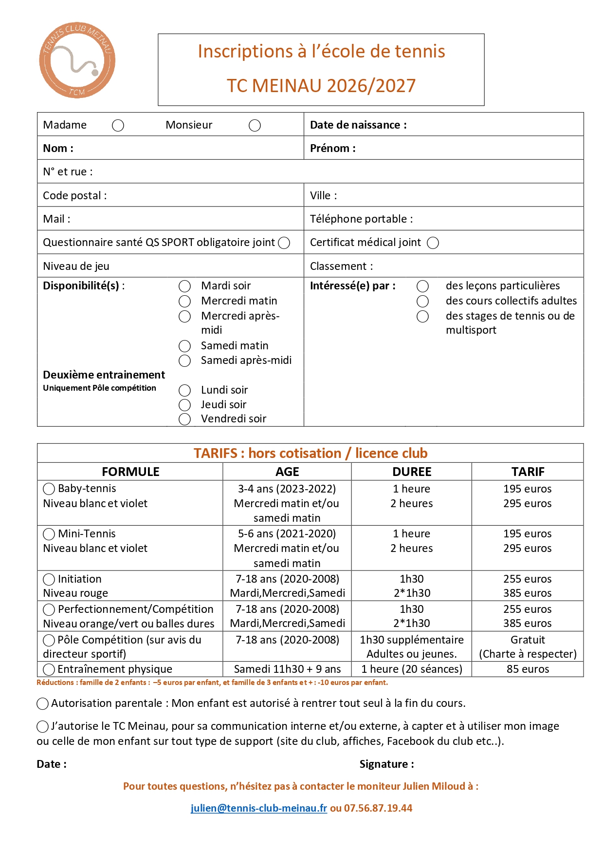 INSCRIPTION ÉCOLE DE TENNIS JEUNES 2026/2027